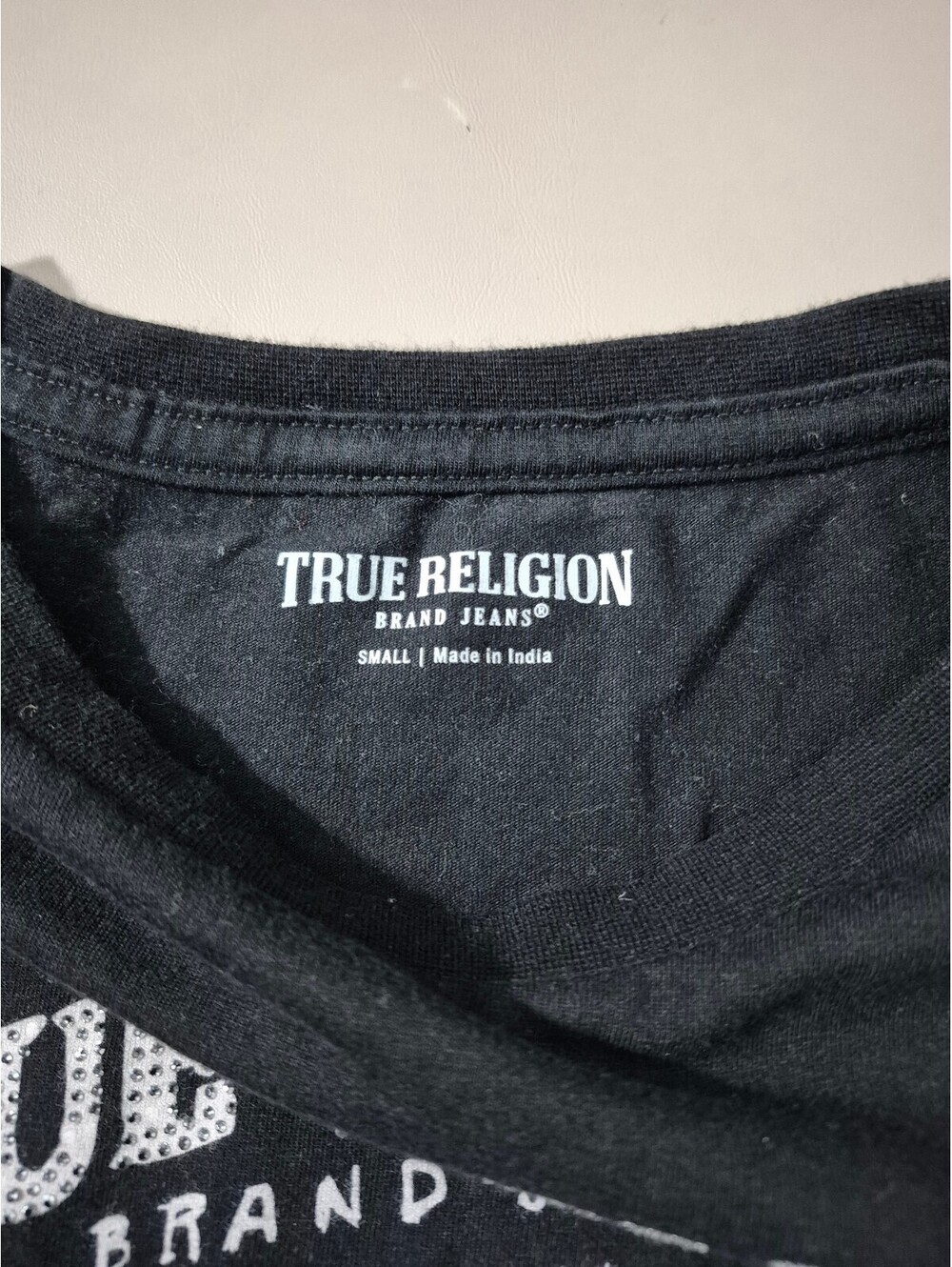 True Religion OG Crystal Buddha Baby Crew Tee Women’s Small Cropped Rhinestone - Picture 4 of 6